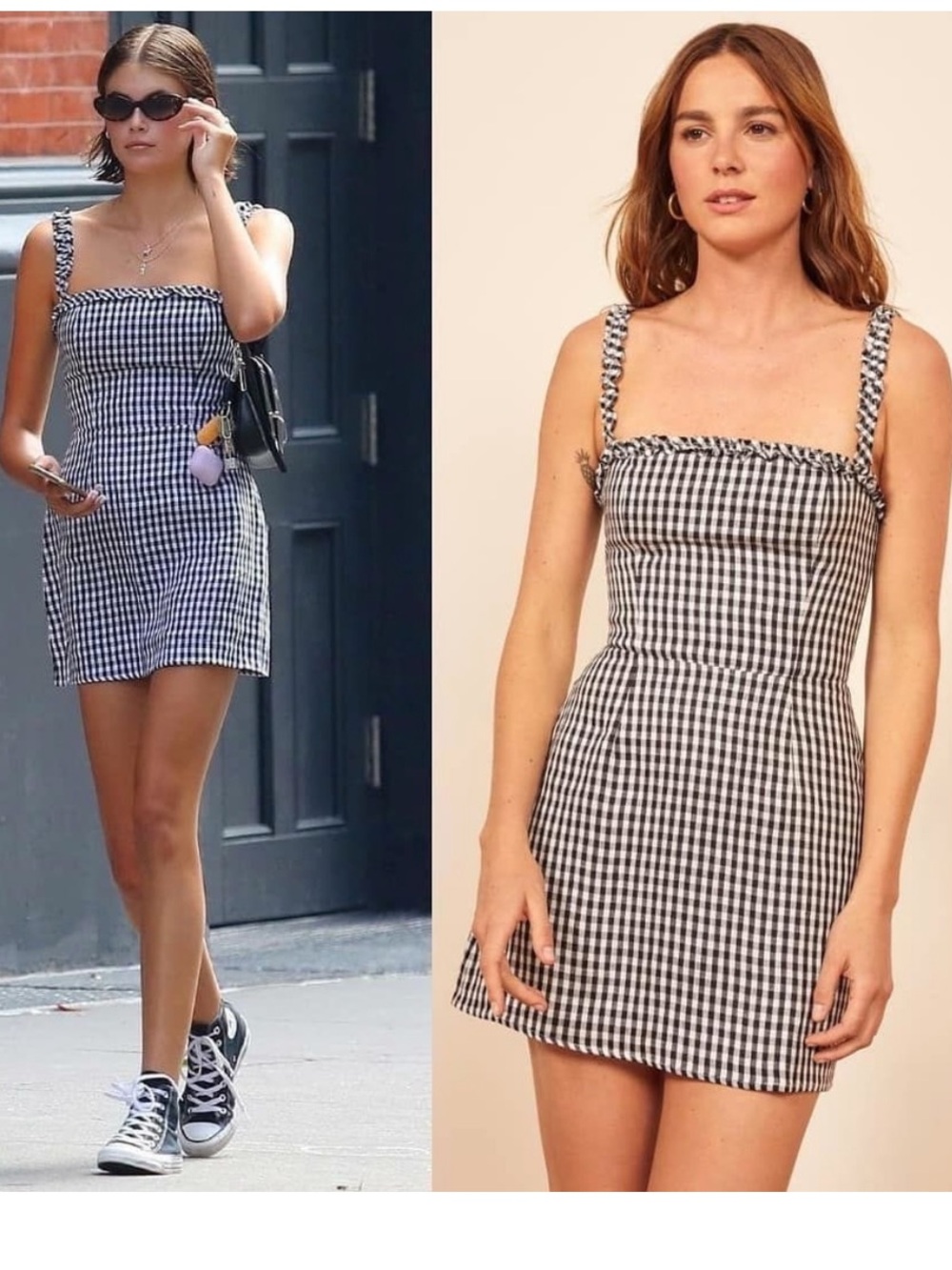 Reformation Janie Frilled-Trim Black & White Gingham Square-Neck Mini Dress